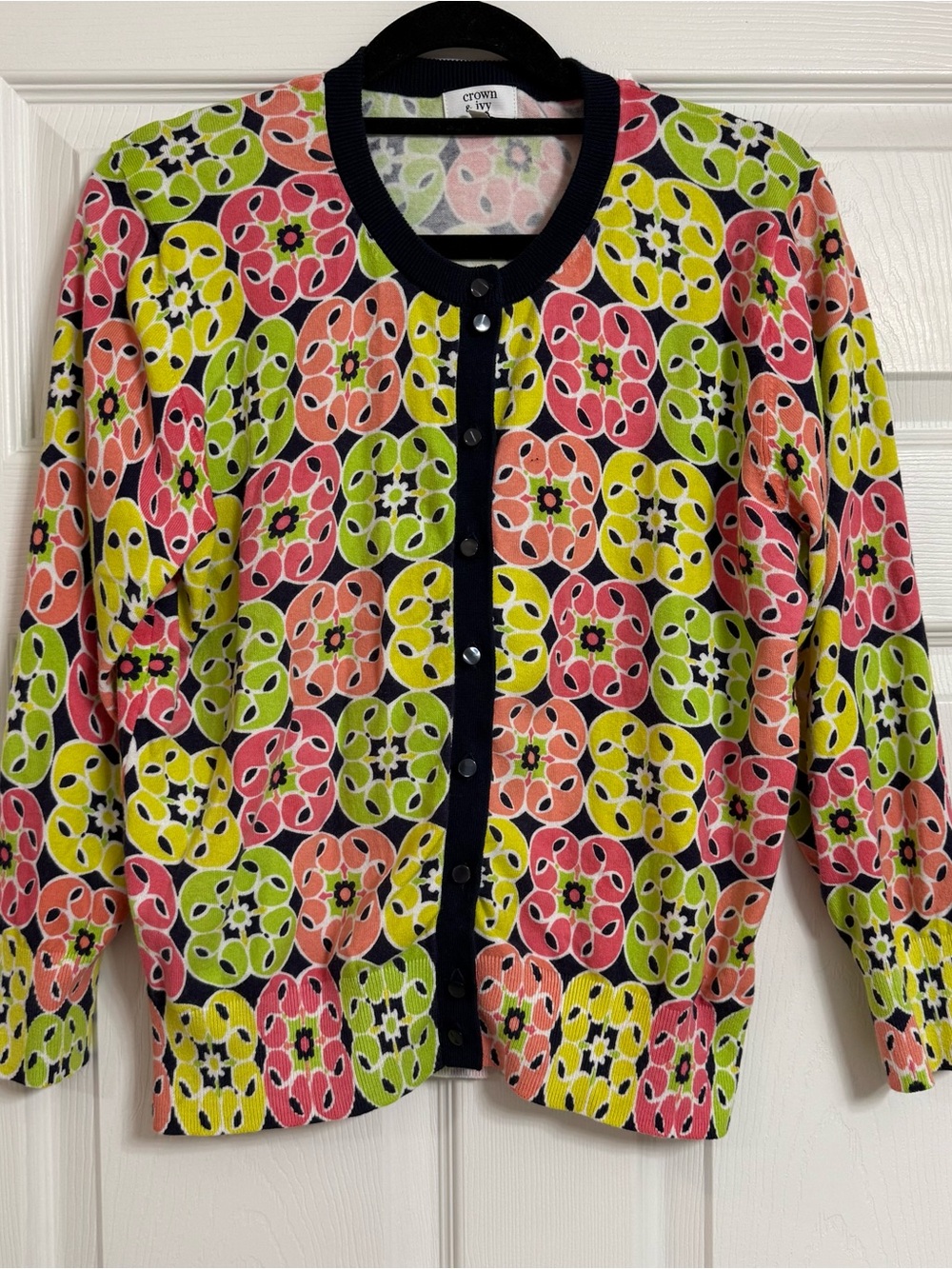 crown & ivy Multicolor Floral-Print Cardigan with Black Trim